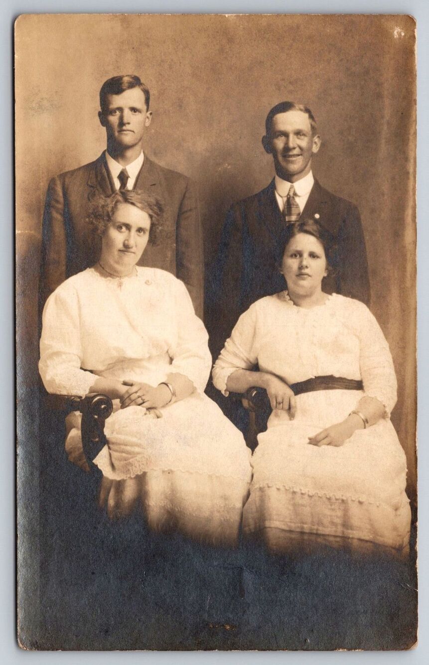 Antique RPPC Postcard 1904-1918 Two Couples Studio Portrait AZO 4-UP Triangles